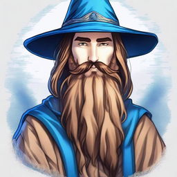 A fantasy drawing of a 30-year-old male wizard with a long brown beard, brown eyes, and a neutral facial expression