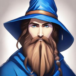 A fantasy drawing of a 30-year-old male wizard with a long brown beard, brown eyes, and a neutral facial expression