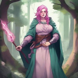 A detailed illustration of a pretty firbolg woman who is overweight with pink hair