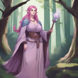 A detailed illustration of a pretty firbolg woman who is overweight with pink hair