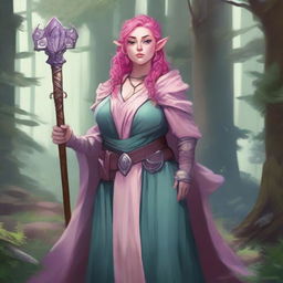 A detailed illustration of a pretty firbolg woman who is overweight with pink hair