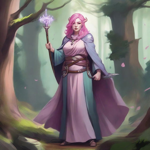 A detailed illustration of a pretty firbolg woman who is overweight with pink hair