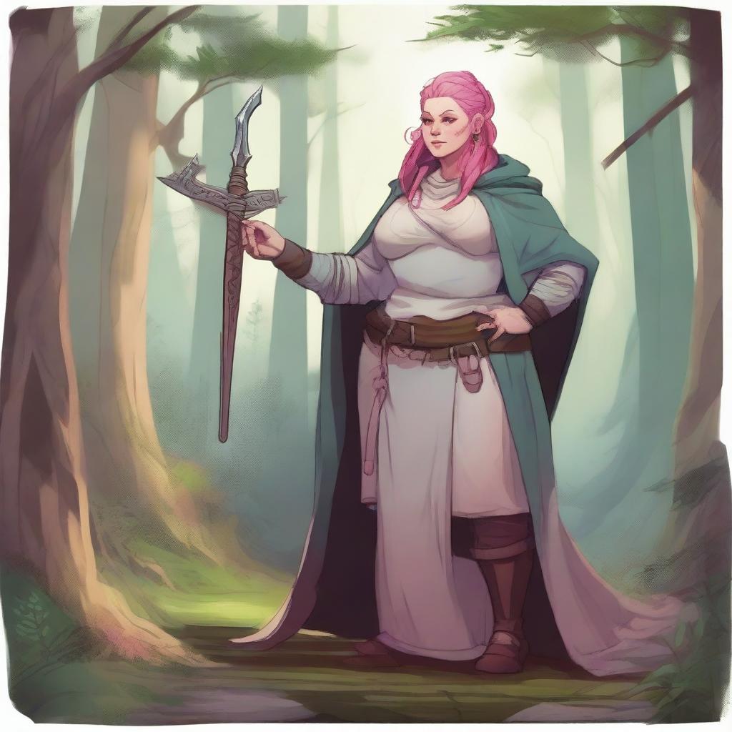 A detailed illustration of a pretty half-orc and firbolg woman who is overweight with pink hair