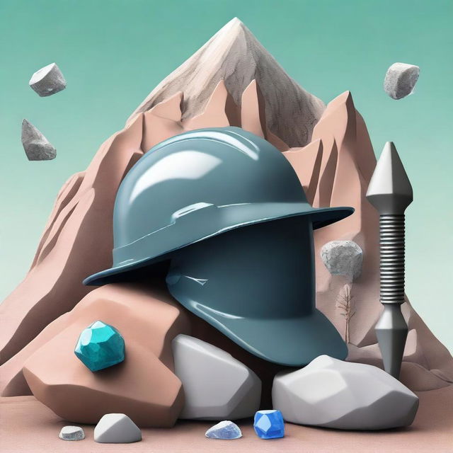 Create a cover featuring a double geology hammer, a trilobite fossil, a mountain backdrop, an engineering helmet, and crystals