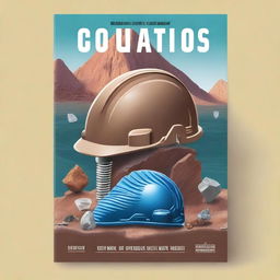 Create a cover featuring a double geology hammer, a trilobite fossil, a mountain backdrop, an engineering helmet, and crystals