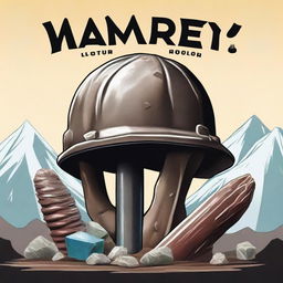 Create a cover featuring a double geology hammer, a trilobite fossil, a mountain backdrop, an engineering helmet, and crystals