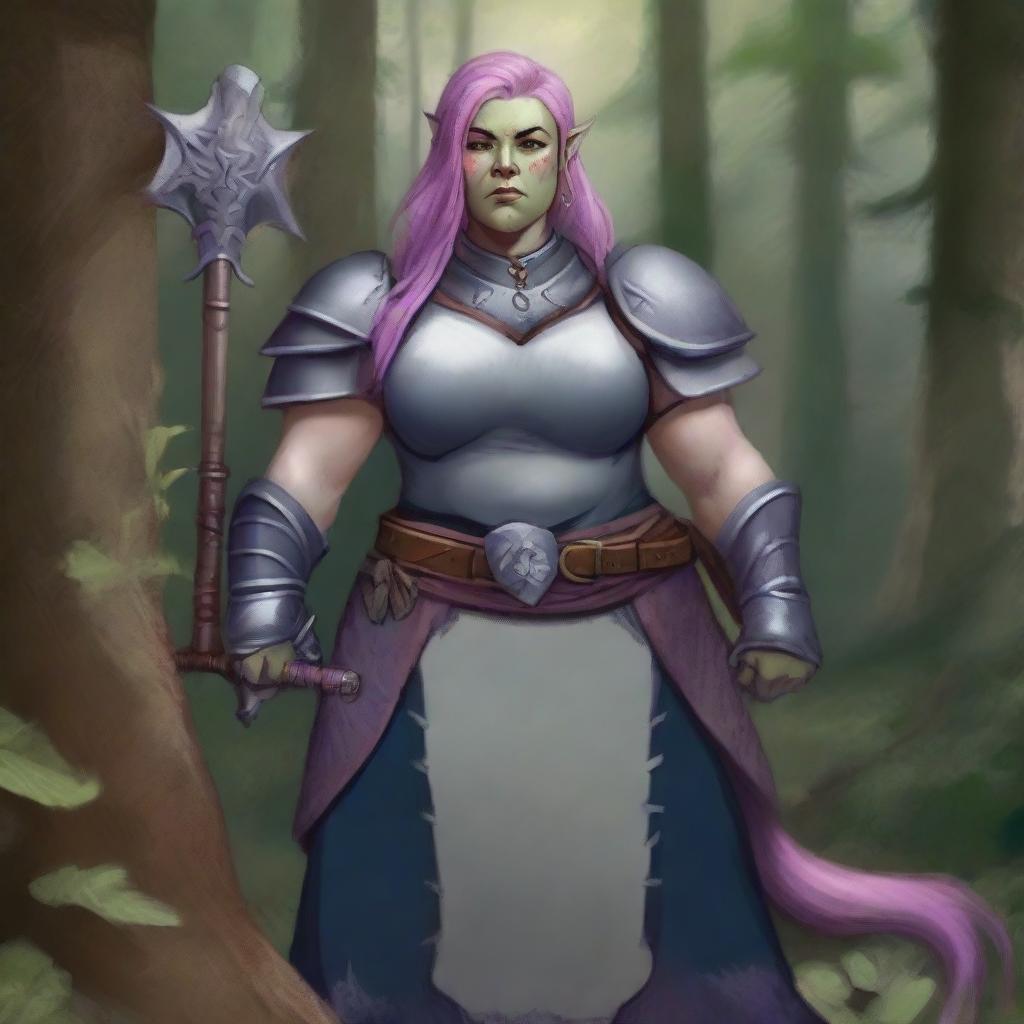 A detailed illustration of a pretty half-orc and firbolg woman who is overweight with pink hair