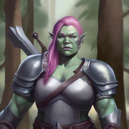 A detailed illustration of a pretty half-orc and firbolg woman who is overweight with pink hair