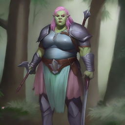 A detailed illustration of a pretty half-orc and firbolg woman who is overweight with pink hair