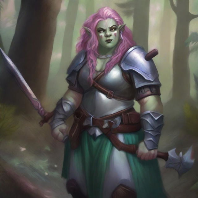 A detailed illustration of a pretty half-orc and firbolg woman who is overweight with pink hair