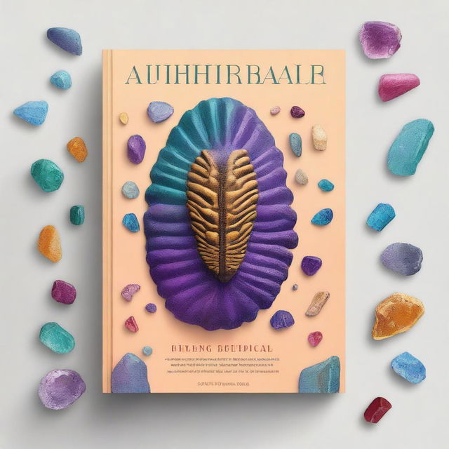 Design a cover featuring a trilobite fossil, vibrant crystals, and a geology hammer