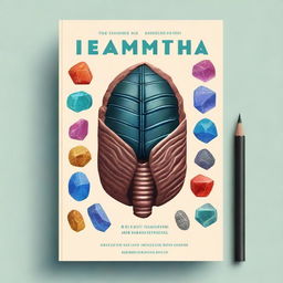 Design a cover featuring a trilobite fossil, vibrant crystals, and a geology hammer