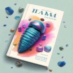 Design a cover featuring a trilobite fossil, vibrant crystals, and a geology hammer