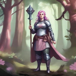 A detailed illustration of a pretty firbolg woman who is overweight with pink hair