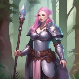 A detailed illustration of a pretty firbolg woman who is overweight with pink hair