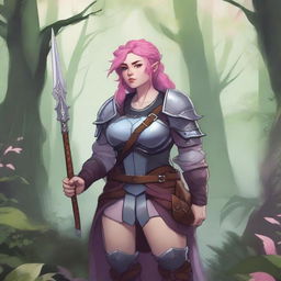 A detailed illustration of a pretty firbolg woman who is overweight with pink hair