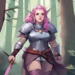 A detailed illustration of a pretty firbolg woman who is overweight with pink hair