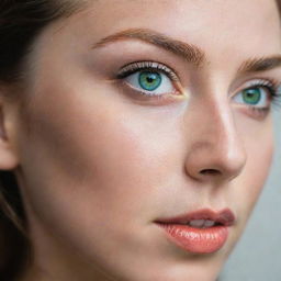 A close up portrait of a person with stunning, vibrant green eyes.