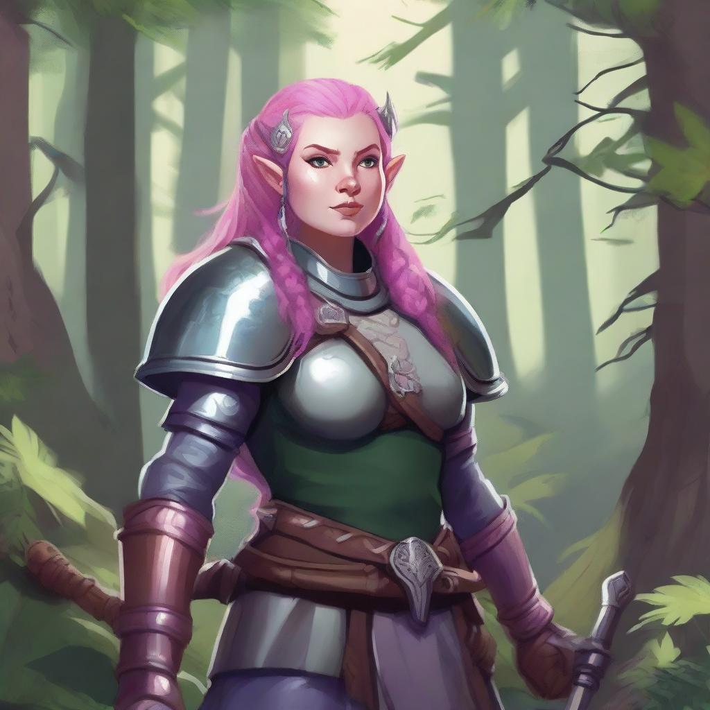 A detailed illustration of a pretty firbolg woman who is overweight with pink hair