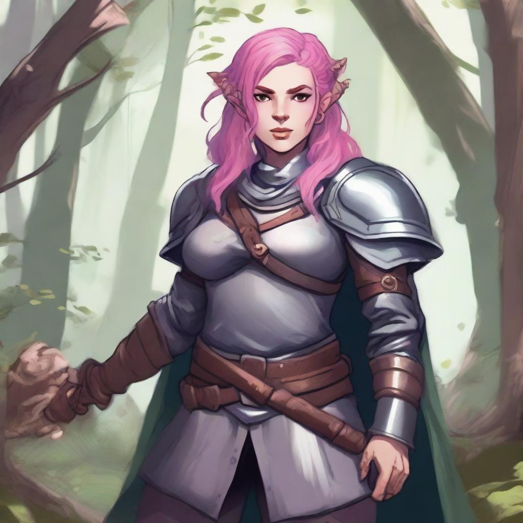 A detailed illustration of a pretty firbolg woman who is overweight with pink hair