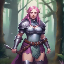 A detailed illustration of a pretty firbolg woman who is overweight with pink hair