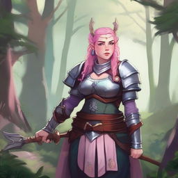 A detailed illustration of a pretty firbolg woman who is overweight with pink hair