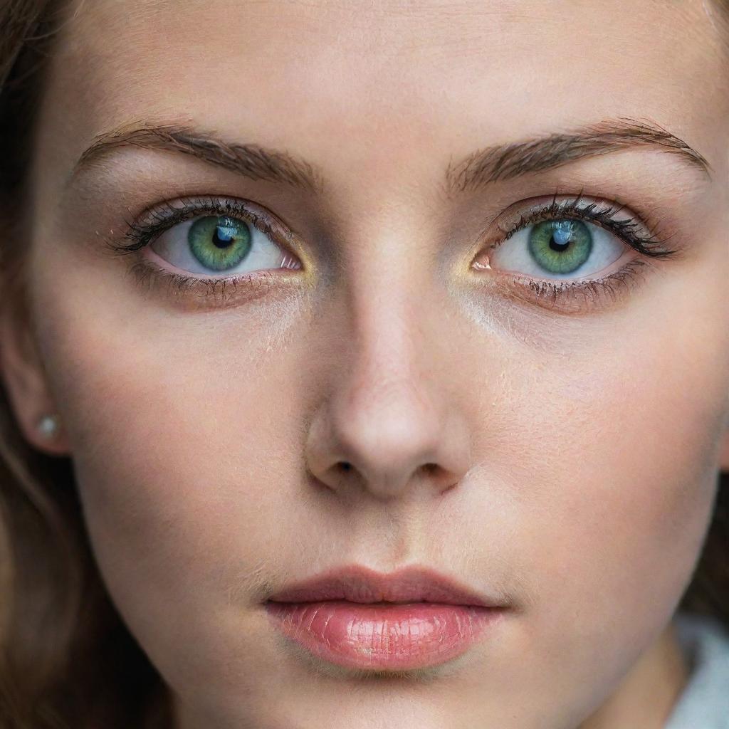 A close up portrait of a person with stunning, vibrant green eyes.