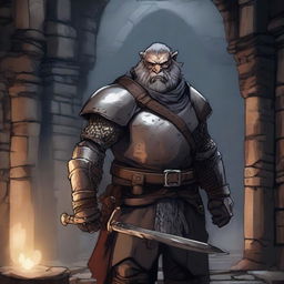 A towering grizzled guardsman standing in a medieval dungeon, with a stern expression and battle-worn armor