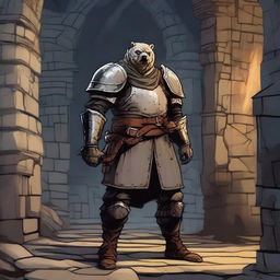 A towering grizzled guardsman standing in a medieval dungeon, with a stern expression and battle-worn armor