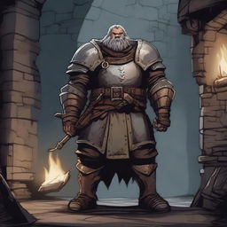 A towering grizzled guardsman standing in a medieval dungeon, with a stern expression and battle-worn armor