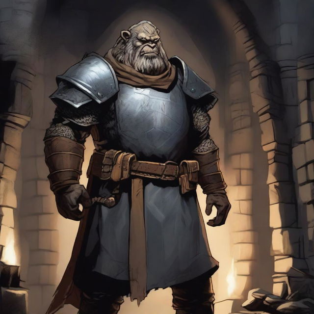 A towering grizzled guardsman standing in a medieval dungeon, with a stern expression and battle-worn armor