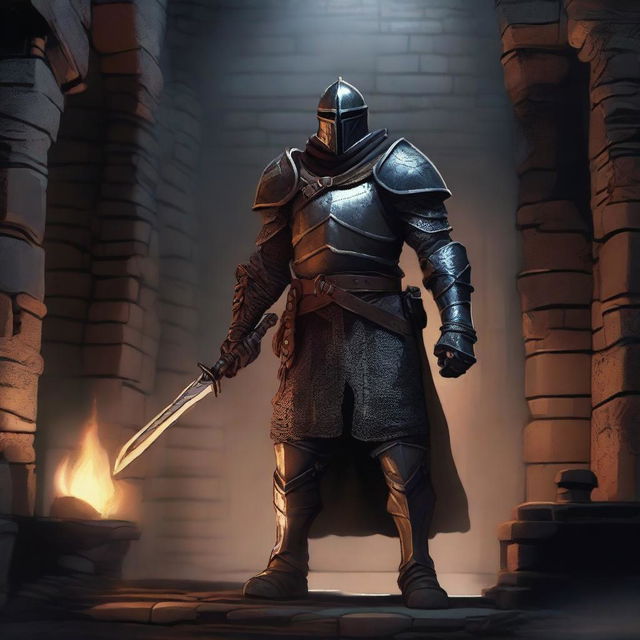 A towering guard standing in a medieval dungeon, with a stern expression and imposing armor