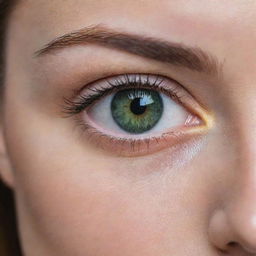 A close up portrait of a person with stunning, vibrant green eyes.