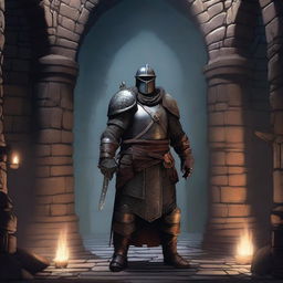 A towering guard standing in a medieval dungeon, with a stern expression and imposing armor