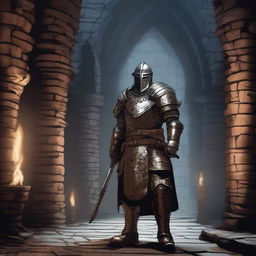 A towering guard standing in a medieval dungeon, with a stern expression and imposing armor