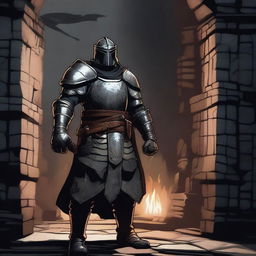 A towering guard standing in a medieval dungeon, with a stern expression and imposing armor