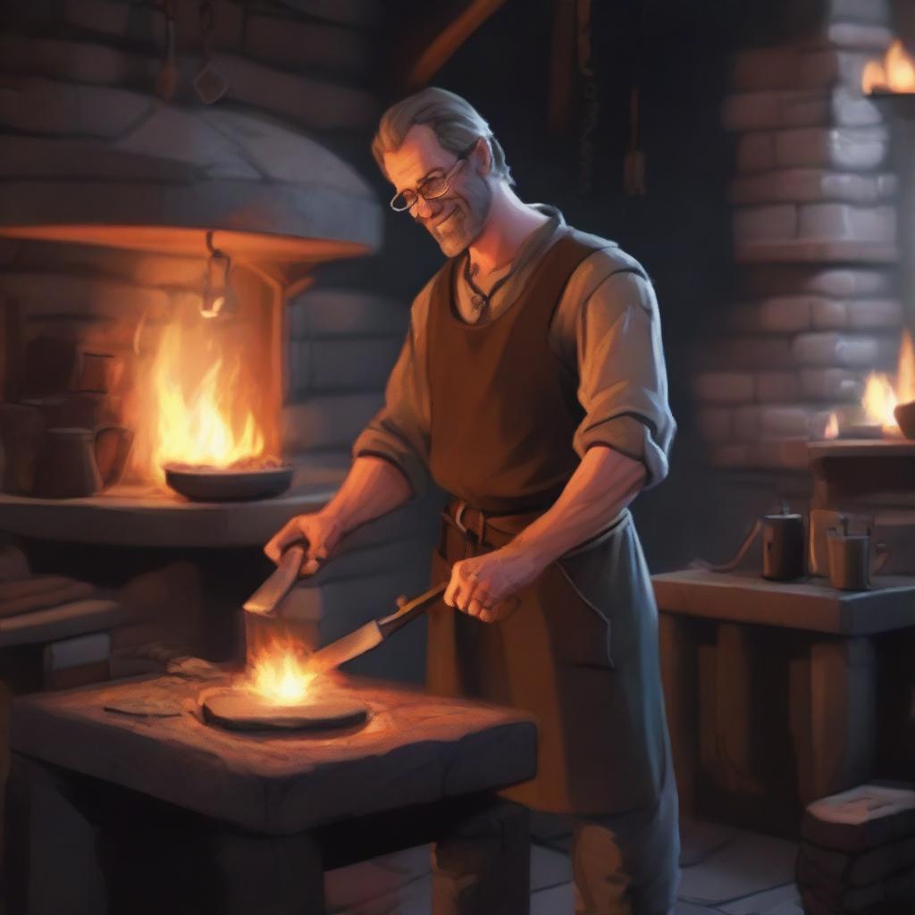 A kindly blacksmith working in a medieval forge, surrounded by glowing embers and various blacksmith tools