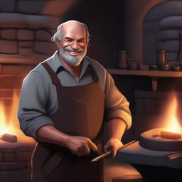 A kindly blacksmith working in a medieval forge, surrounded by glowing embers and various blacksmith tools