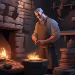 A kindly blacksmith working in a medieval forge, surrounded by glowing embers and various blacksmith tools