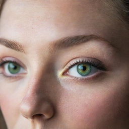 A close up portrait of a person with stunning, vibrant green eyes.