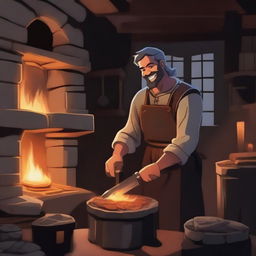 A kindly blacksmith working in a medieval forge, surrounded by glowing embers and various blacksmith tools