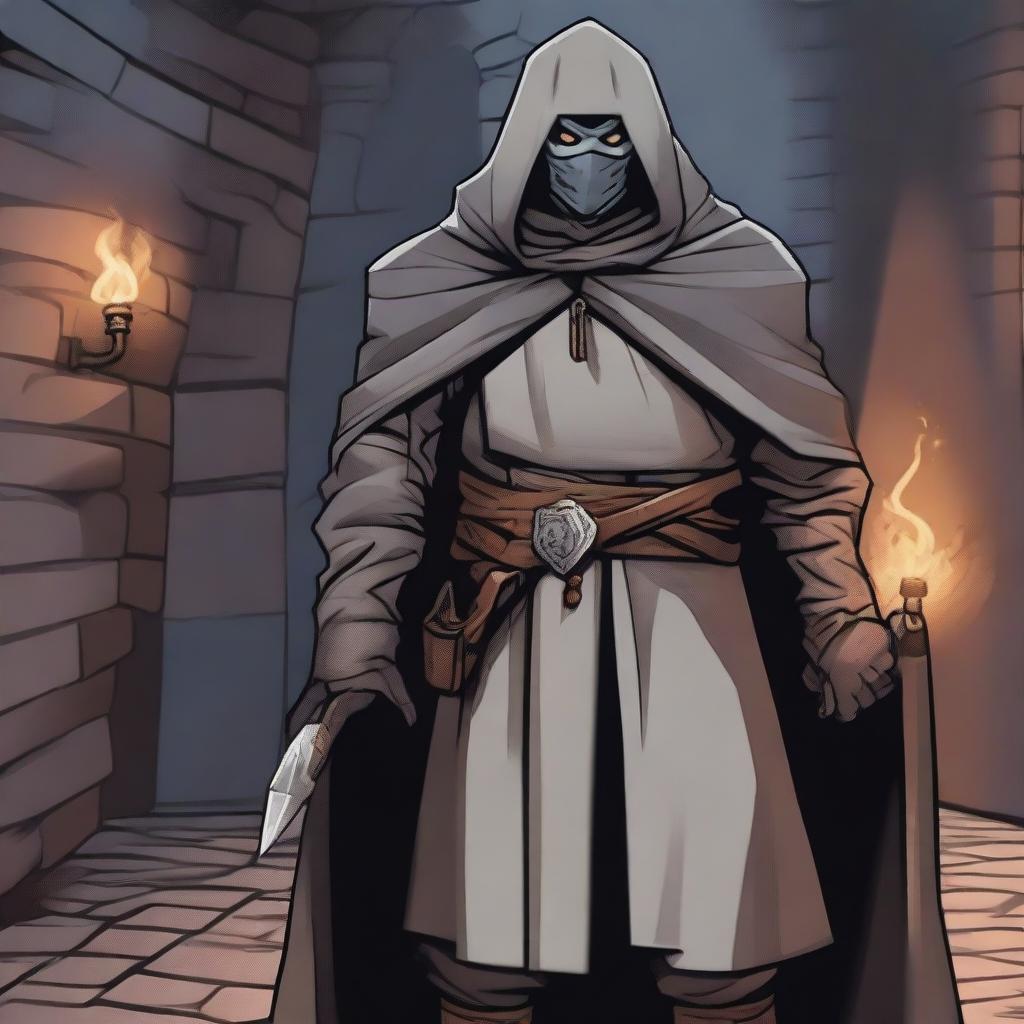 A detailed illustration of a man wearing a gray mask and a bandit's robe, set in a dungeons and dragons universe