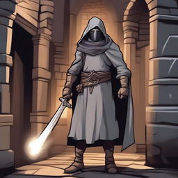 A detailed illustration of a man wearing a gray mask and a bandit's robe, set in a dungeons and dragons universe