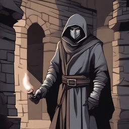 A detailed illustration of a man wearing a gray mask and a bandit's robe, set in a dungeons and dragons universe