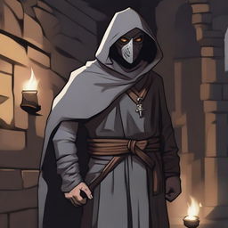 A detailed illustration of a man wearing a gray mask and a bandit's robe, set in a dungeons and dragons universe