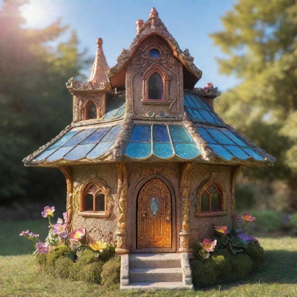 A sun-drenched, sparkling fairy house with ornate architecture, radiant colors, and elements reflecting the sun fairy's solar affinity