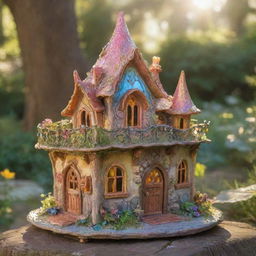 A sun-drenched, sparkling fairy house with ornate architecture, radiant colors, and elements reflecting the sun fairy's solar affinity