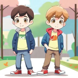 Create an image featuring two boy characters standing together