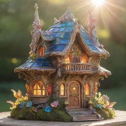 A sun-drenched, sparkling fairy house with ornate architecture, radiant colors, and elements reflecting the sun fairy's solar affinity