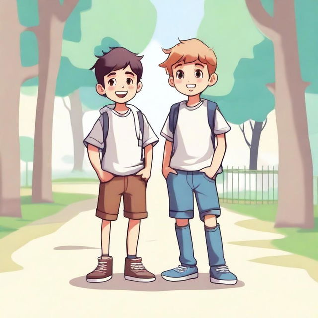 Create an image featuring two boy characters standing together